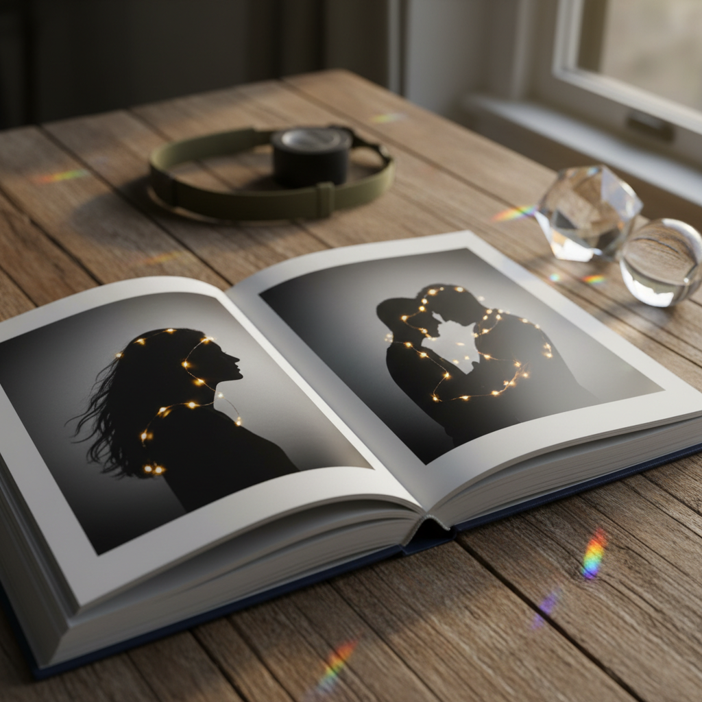An open hardbound photography portfolio book lies on a rustic wooden table, its thick, satin-finish pages displaying full-bleed portrait silhouettes rim-lit by clusters of starlike fairy lights, with no faces visible. Beside the book, a small prism and a glass sphere catch a shaft of warm late-afternoon sunlight, scattering tiny rainbow flares across the table. The background gently falls into blur, revealing only hints of a camera strap and a roll of gaffer tape. Shot from a slightly elevated angle with a shallow depth of field, the image feels tactile, warm, and quietly magical. The photographic style is rich and detailed, evoking the feeling of holding starlight-infused memories in your hands.