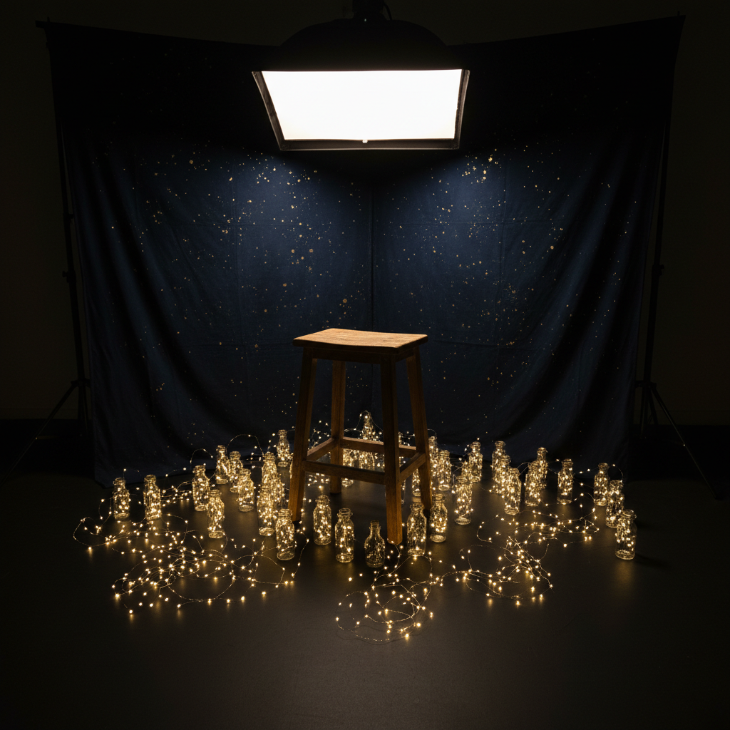 A dark, moody studio corner transformed into a celestial portrait set: a simple wooden stool stands on a matte black floor, encircled by delicate fairy lights coiled in transparent bottles and scattered across the ground like tiny constellations. A deep navy backdrop hangs behind, speckled with subtle, hand-painted gold dots resembling distant stars. A single softbox above and slightly behind the stool creates a halo of rim light, leaving the front in gentle shadow. Captured in photographic realism from a low, three-quarter angle, the composition centers the stool while allowing the sparkling decor to frame it. The mood is dreamy, intimate, and slightly otherworldly, embodying the idea of portraits written in starlight without a subject present.