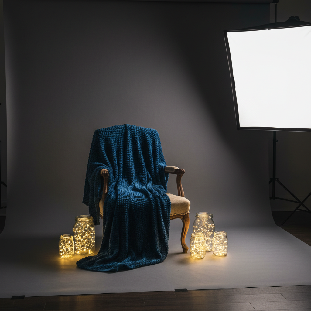 An elegant tabletop portrait setup in a small home studio, where a single vintage armchair is draped with a textured, midnight-blue velvet throw and surrounded by glass jars filled with softly glowing fairy lights. Behind the chair, a seamless charcoal backdrop rises, its surface catching delicate gradients from a large softbox positioned to the right. The floor is dark wood, subtly reflecting the light and adding depth. Captured in photographic realism from a slightly elevated angle with the chair framed by rule of thirds, the atmosphere feels intimate, cinematic, and quietly enchanted, perfect for suggesting where clients would sit for their star-kissed portraits without showing any people.