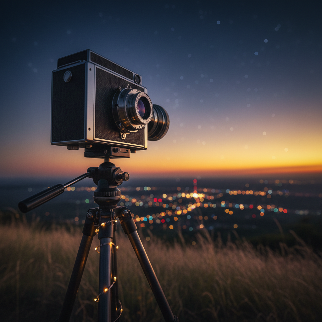 A gleaming portrait photography camera on a sturdy tripod stands on a hilltop overlook at twilight, its lens pointed toward a horizon dissolving into deep indigo sky dusted with early stars. A subtle strand of fairy lights winds up one of the tripod legs, casting tiny warm glows against the cool metal. The foreground grasses are softly blurred, while the camera body is in razor-sharp focus. In the distant background, a town’s lights create a gentle, colorful bokeh. The scene is lit by the last whisper of golden hour mixed with the blue hour sky, creating a dreamy, hopeful mood. Photographic realism, low-angle composition, emphasizing the union of portrait craft and astronomy dreaming.