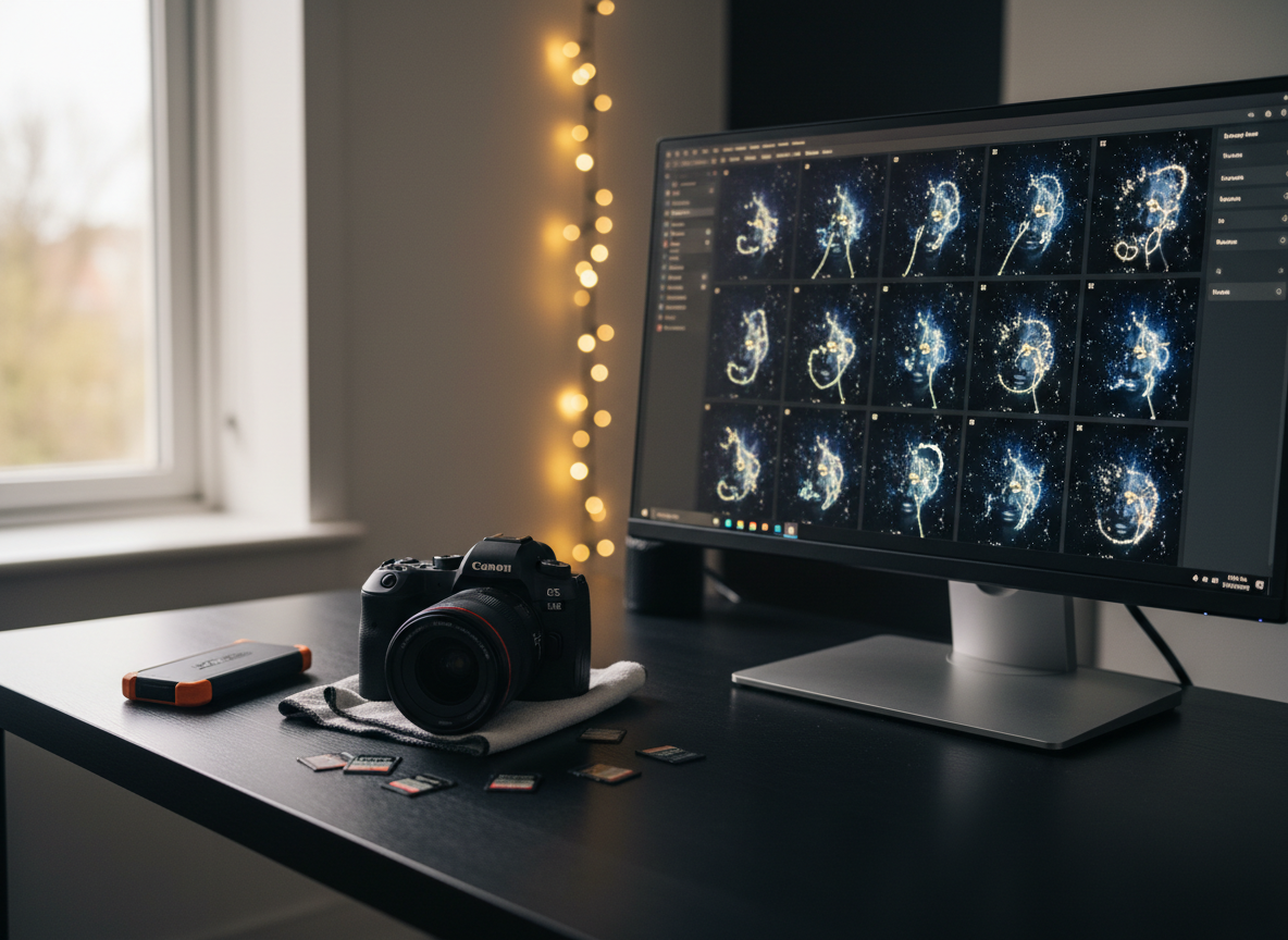 A professional portrait photographer’s workstation arranged on a wide, matte black desk, featuring a high-end DSLR camera with a fast prime lens, a scatter of polished memory cards, and a sleek external hard drive, all resting beside a glowing monitor that displays a grid of luminous, star-inspired portrait thumbnails with no visible faces. Soft, diffused window light from the left mingles with a subtle string of out-of-focus fairy lights in the background, creating a dreamy bokeh. Shot at eye level with a shallow depth of field, the focus rests on the camera and screen, evoking a calm, focused mood. The style is clean photographic realism with gentle, celestial hints that match a brand built on starlight and quiet magic.